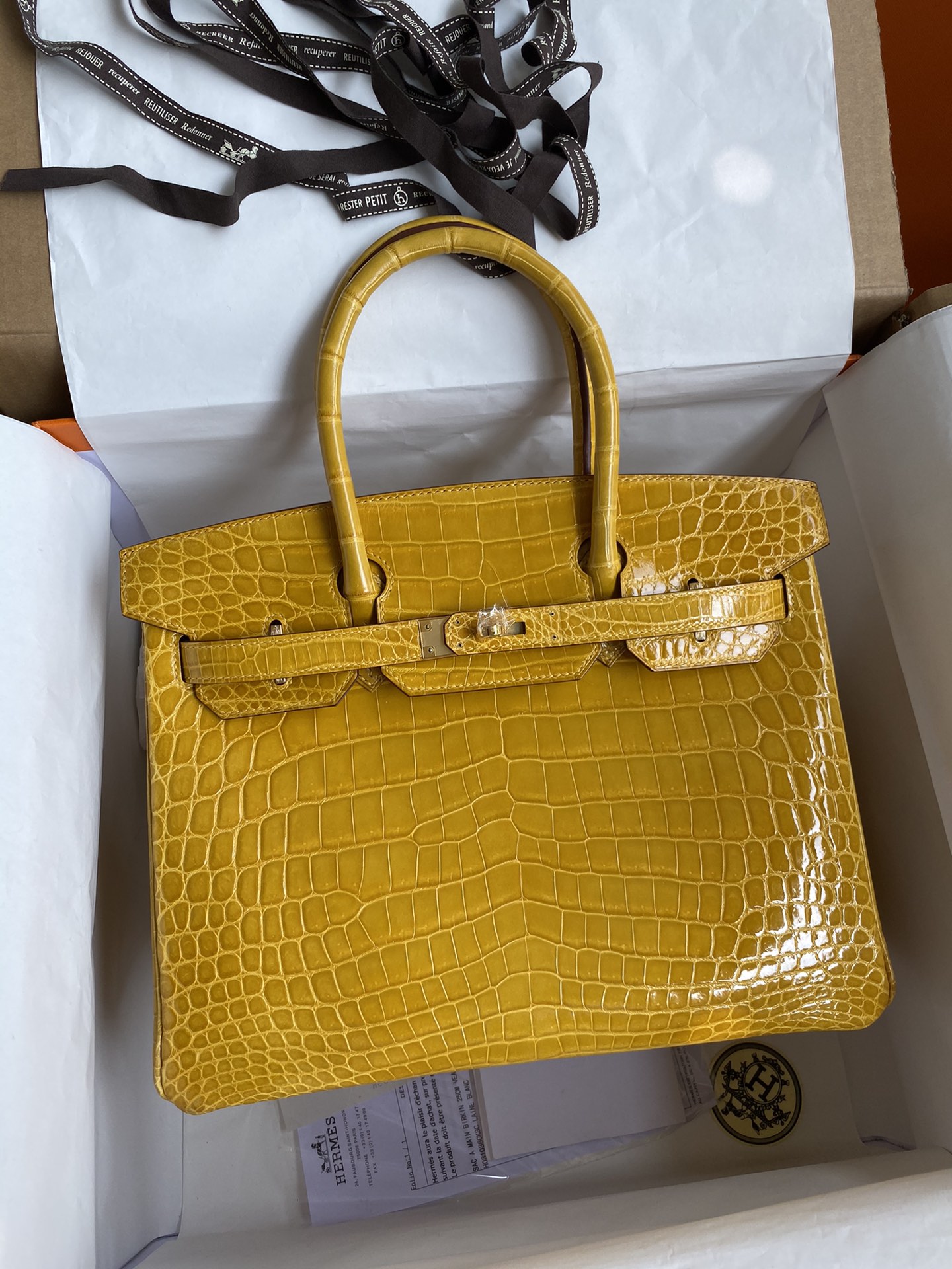 Hermes Birkin 30CM Handmade Bag In Amber Yellow Crocodile Niloticus Shiny Skin